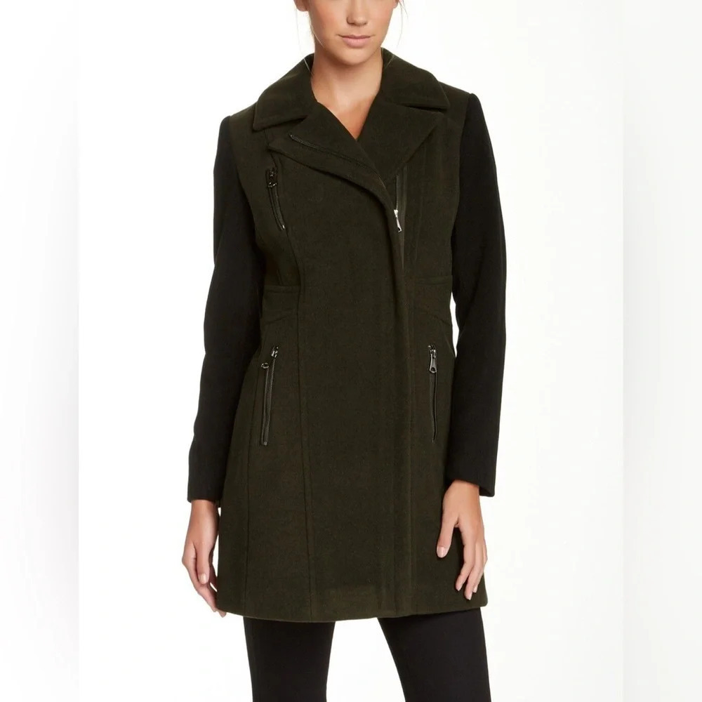 Andrew Marc Pixie Wool Blend Heavy Coat Zip Up Moto Jacket In Loden size 8